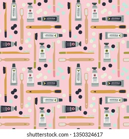 Seamless pattern with tooth cleaning morning routine essentials on pink background. Flat cartoon style images of toothpaste in tubes, tablets, toothbrush, cream. Everyday wash up dental care wallpaper