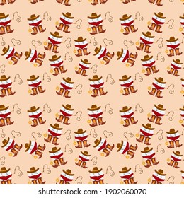 Seamless pattern tooth fairy cowboy. Cartoon vector illustration. Character in a cowboy hat and cowboy boots holds a whip with a tooth and a sparkling coin.