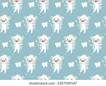 Seamless pattern Tooth Fairy with magic wand and tooth. Vector illustration