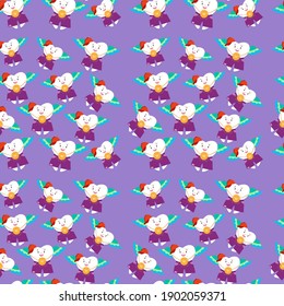 Seamless pattern tooth fairy on purple background. Vector cartoon illustration. Tooth fairy in shorts and a red cap is clutching a sparkling coin. Dental care for children.
