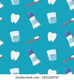 Seamless pattern with tooth, glass of water, toothbrush, and toothpaste. Vector illustration