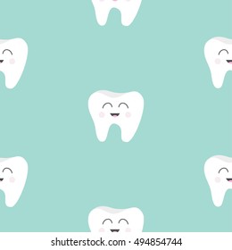 Seamless Pattern Tooth health. Cute funny cartoon smiling character. Oral dental hygiene. Children teeth care. Baby texture. Flat design. Blue background. Vector illustration.