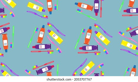 Seamless pattern with tooth paste and brushes