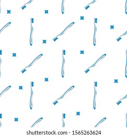 Seamless pattern with toothbrush blue color cartoon isolated on white background. Teeth protection, oral care, dental health concept. Vector illustration for design, web, wrapping paper, fabric.