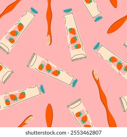 Seamless pattern with toothbrushes and tubes of strawberry-flavored toothpaste. Oral care items. Dental hygiene. Vector illustration of oral hygiene elements in a flat style