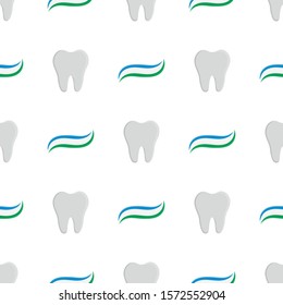 Seamless pattern with toothpaste ant teeth cartoon on white background. Teeth protection, oral care, dental health concept. Vector illustration for any design.