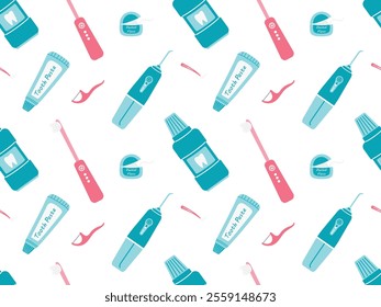 Seamless pattern with toothpaste, dental floss, toothbrush, irrigator, mouthwash, dental brush. Vector simple illustration for printing on clothes, paper, merch, for children's dentistry.