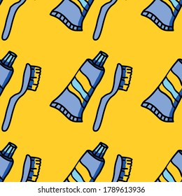 Seamless pattern with toothpaste and toothbrush. Vector image.