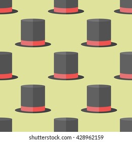 Seamless pattern with top hat on green background. Vector texture.