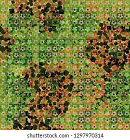 Seamless pattern. The top layer consists of flowers inscribed in squares, of different transparency. Background consisting of chaos of rounded squares. Editable.