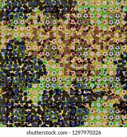 Seamless pattern. The top layer consists of flowers inscribed in squares, of different transparency. Background consisting of chaos of rounded squares. Editable.