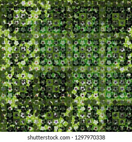 Seamless pattern. The top layer consists of flowers inscribed in squares, of different transparency. Background consisting of chaos of rounded squares. Editable.
