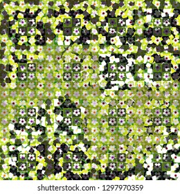 Seamless pattern. The top layer consists of flowers inscribed in squares, of different transparency. Background consisting of chaos of rounded squares. Editable.