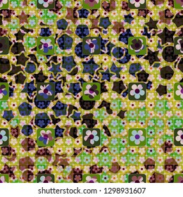 Seamless pattern. The top layer consists of flowers inscribed in squares, of different transparency. 
Background consisting of stars, circles and intermediate shapes. Editable.