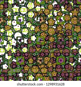 Seamless pattern. The top layer consists of flowers inscribed in squares, of different transparency. 
Background consisting of stars, circles and intermediate shapes. Editable.