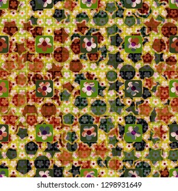 Seamless pattern. The top layer consists of flowers inscribed in squares, of different transparency. 
Background consisting of stars, circles and intermediate shapes. Editable.