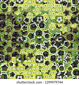 Seamless pattern. The top layer consists of flowers inscribed in squares, of different transparency.
The background consists of stars, circles and intermediate figures. Editable.