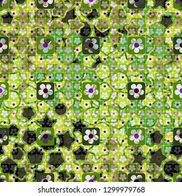 Seamless pattern. The top layer consists of flowers inscribed in squares, of different transparency.
The background consists of stars, circles and intermediate figures. Editable.