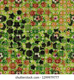 Seamless pattern. The top layer consists of flowers inscribed in squares, of different transparency.
The background consists of stars, circles and intermediate figures. Editable.