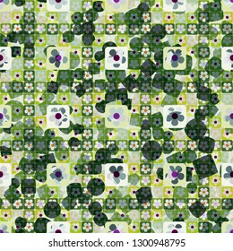 Seamless pattern. The top layer consists of flowers inscribed in squares, of different transparency.
The background consists of circles, squares and intermediate shapes. Editable.