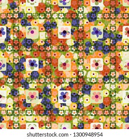 Seamless pattern. The top layer consists of flowers inscribed in squares, of different transparency.
The background consists of circles, squares and intermediate shapes. Editable.