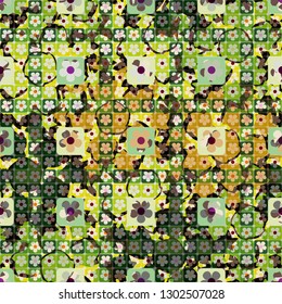 Seamless pattern. The top layer consists of flowers inscribed in squares, of different transparency.
Background consists of abstract rotation figures. Editable.