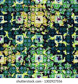 Seamless pattern. The top layer consists of flowers inscribed in squares, of different transparency.
Background consists of abstract rotation figures. Editable.