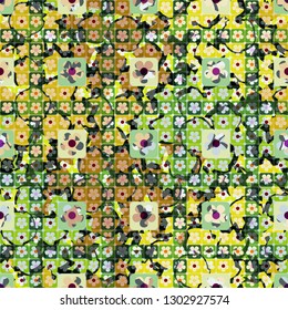 Seamless pattern. The top layer consists of flowers inscribed in squares, of different transparency.
Background consists of abstract rotation figures. Editable.