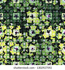 Seamless pattern. The top layer consists of flowers inscribed in squares, of different transparency.
Background consists of abstract rotation figures. Editable.