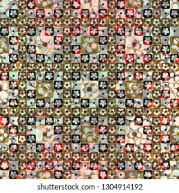 Seamless pattern. The top layer consists of flowers inscribed in squares, of different transparency.
The background consists of pseudo-relief blots. Editable.