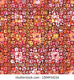 Seamless pattern. The top layer consists of flowers inscribed in squares, of different transparency.
The background consists of pseudo-relief blots. Editable.