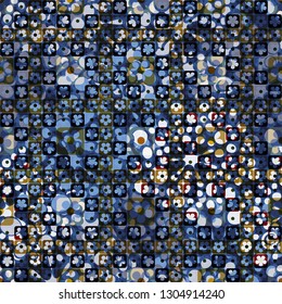 Seamless pattern. The top layer consists of flowers inscribed in squares, of different transparency.
The background consists of pseudo-relief blots. Editable.