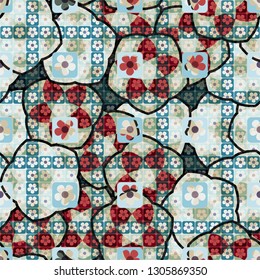 Seamless pattern. The top layer consists of flowers inscribed in squares, of different transparency.
The background consists of chaos of five-sided figures. Editable.