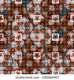 Seamless pattern. The top layer consists of flowers inscribed in squares, of different transparency.
The background consists of chaos of five-sided figures. Editable.