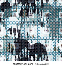 Seamless pattern. The top layer consists of flowers inscribed in squares, of different transparency.
The background consists of chaos of flowing blots. Editable.