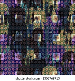Seamless pattern. The top layer consists of flowers inscribed in squares, of different transparency.
The background consists of chaos of flowing blots. Editable.