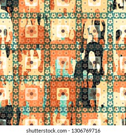 Seamless pattern. The top layer consists of flowers inscribed in squares, of different transparency.
The background consists of chaos of flowing blots. Editable.