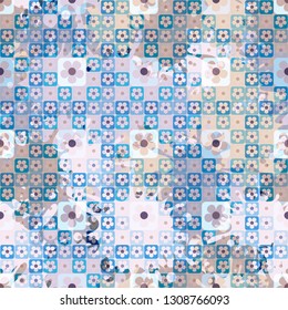 Seamless pattern. The top layer consists of flowers inscribed in squares, of different transparency.
Background consisting of rows of chaos of large blots. Editable.
