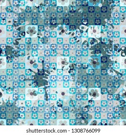 Seamless pattern. The top layer consists of flowers inscribed in squares, of different transparency.
Background consisting of rows of chaos of large blots. Editable.