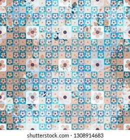 Seamless pattern. The top layer consists of flowers inscribed in squares, of different transparency.
Background consisting of rows of chaos of large blots. Editable.