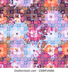 Seamless pattern. The top layer consists of flowers inscribed in squares, of different transparency.
Background consisting of rows of chaos of large blots. Editable.