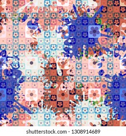 Seamless pattern. The top layer consists of flowers inscribed in squares, of different transparency.
Background consisting of rows of chaos of large blots. Editable.