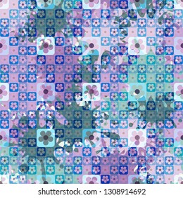 Seamless pattern. The top layer consists of flowers inscribed in squares, of different transparency.
Background consisting of rows of chaos of large blots. Editable.