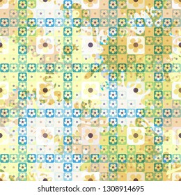 Seamless pattern. The top layer consists of flowers inscribed in squares, of different transparency.
Background consisting of rows of chaos of large blots. Editable.
