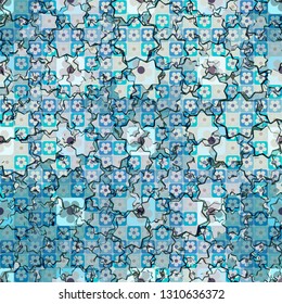 Seamless pattern. The top layer consists of flowers inscribed in squares, of different transparency.
The background consists of scattered six-pointed stars.
