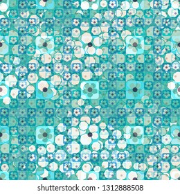 Seamless pattern. The top layer consists of flowers inscribed in squares, of different transparency.
Background consisting of chaos of heptagons.
