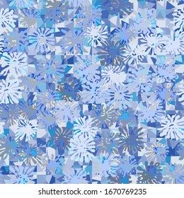 Seamless pattern. The top layer consists of square blots. The checkered structure intersects with randomly scattered triangles. Multicolored chaos.