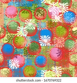 Seamless pattern. The top layer consists of square blots.  Round stones scattered over a multi-color background.