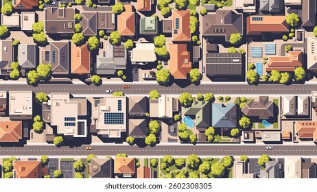 Seamless pattern. Top view of the city with different houses, buildings, yards. Roads with cars. Vector illustration eps10. Realistic landscape. Cartoon flat style. View from above.