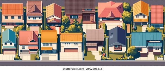 Seamless pattern. Top view of the city with different houses, buildings, yards. Roads with cars. Vector illustration eps10. Realistic landscape. Cartoon flat style. View from above.